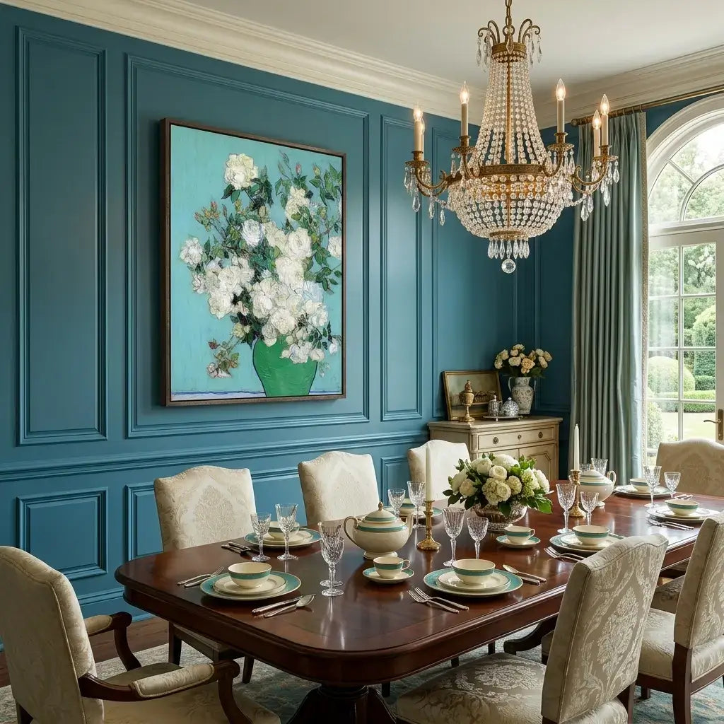 Dining room with blue walls, a chandelier, and a floral painting.