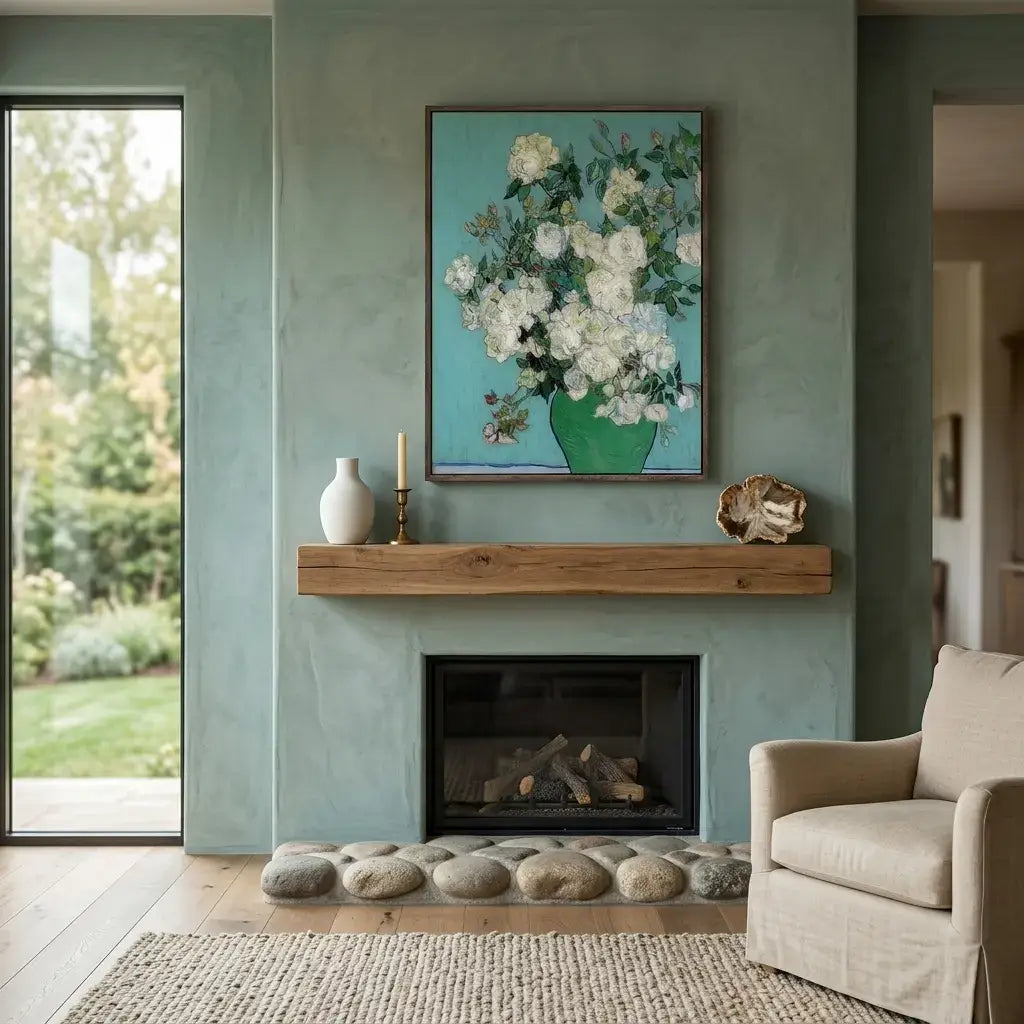 Living room with a fireplace, vase, and painting on a green wall.