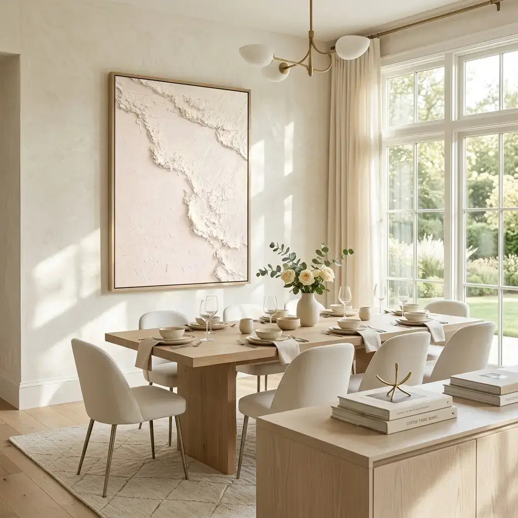 Modern dining room with wooden table, white chairs, and large window.
