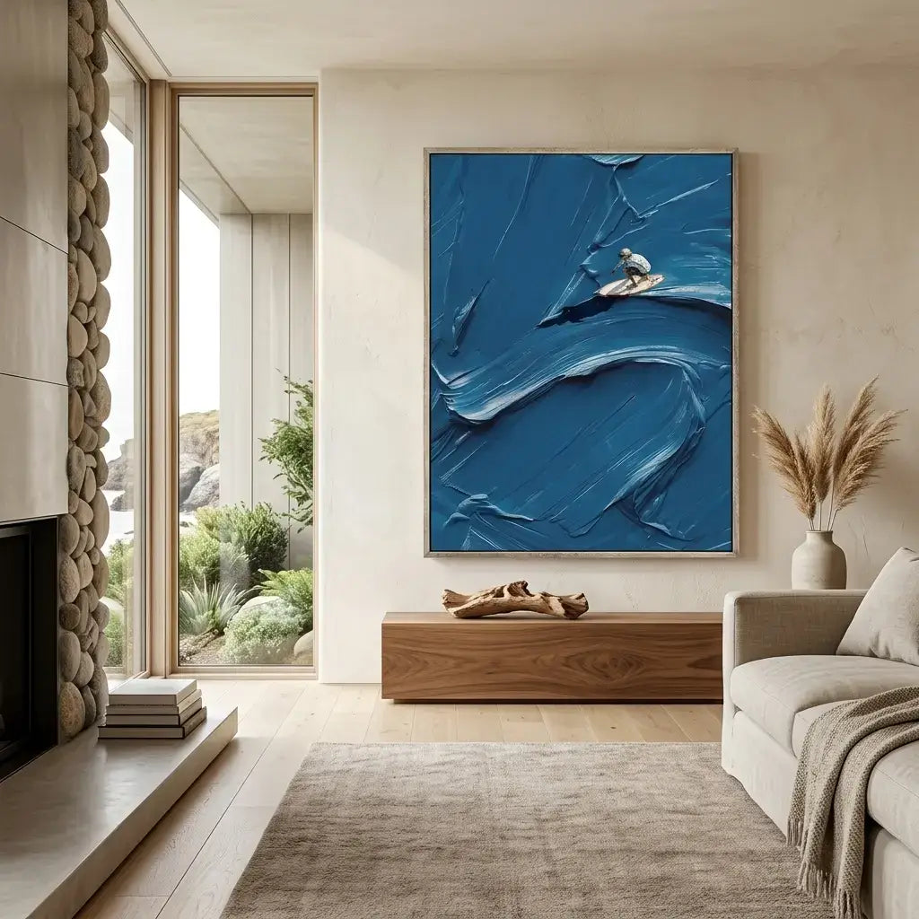 Modern living room with a large abstract blue painting of a surfer.