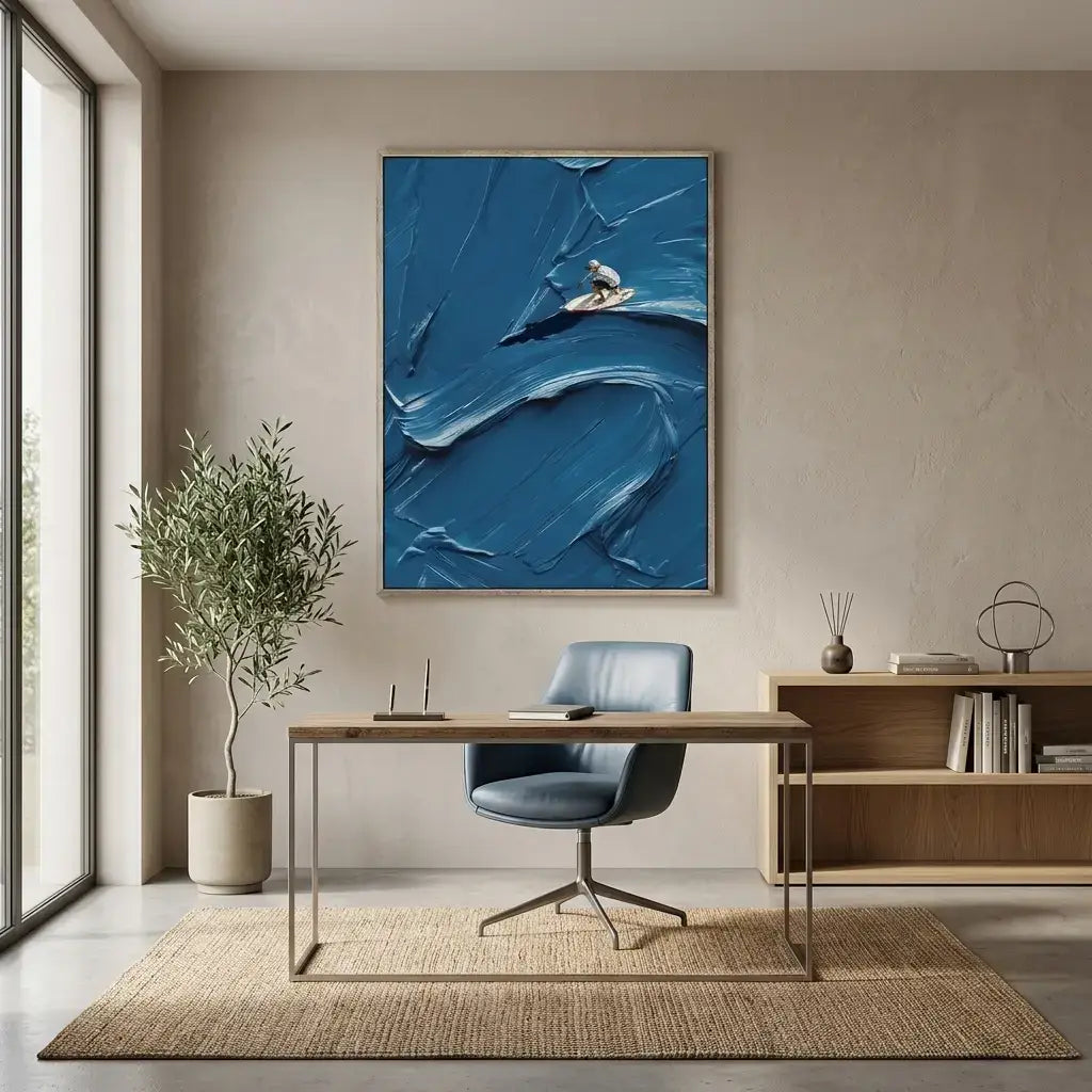 Modern office interior with a large blue abstract painting on the wall.