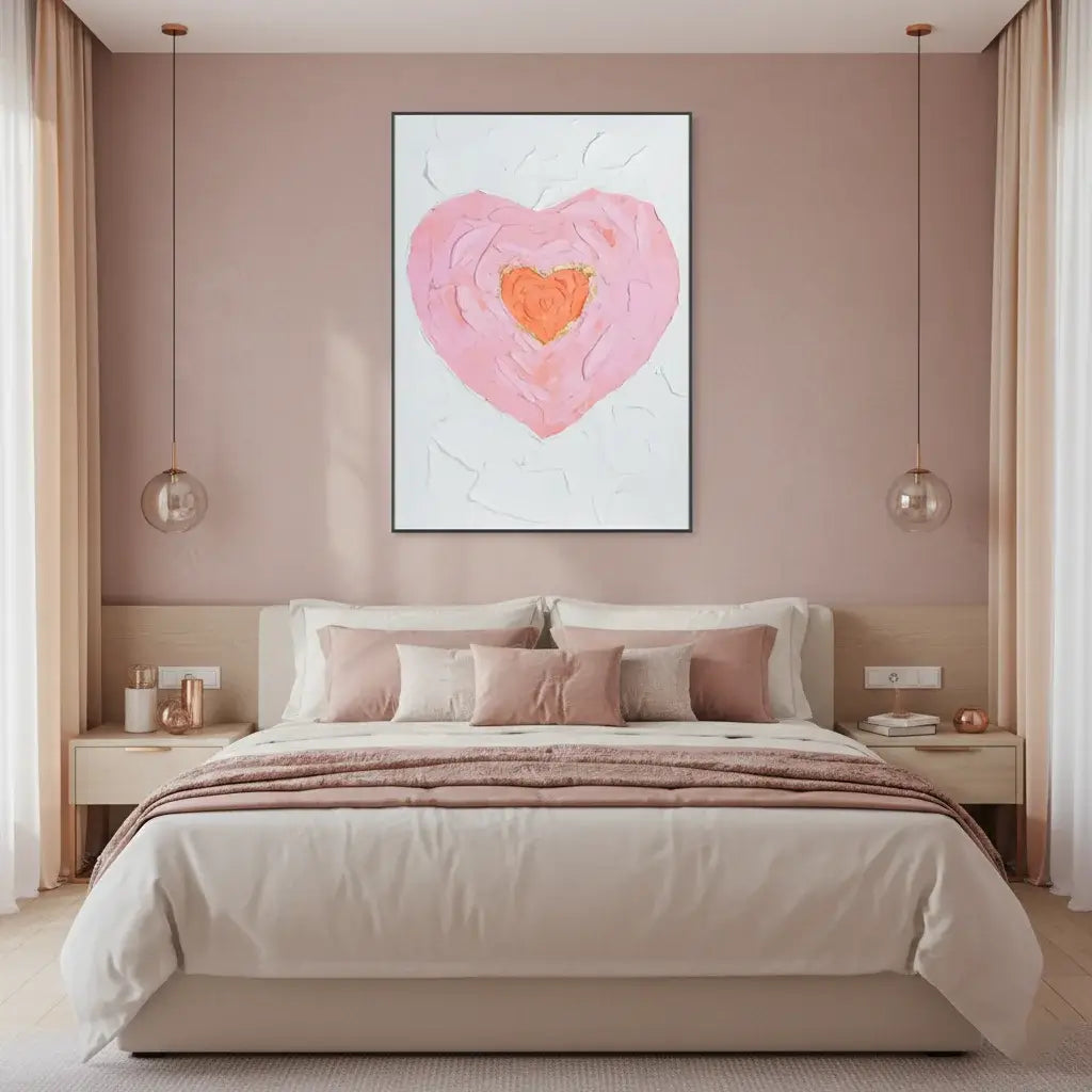 Neatly made bed with pink and white bedding in a bedroom with a heart-shaped artwork on the wall.
