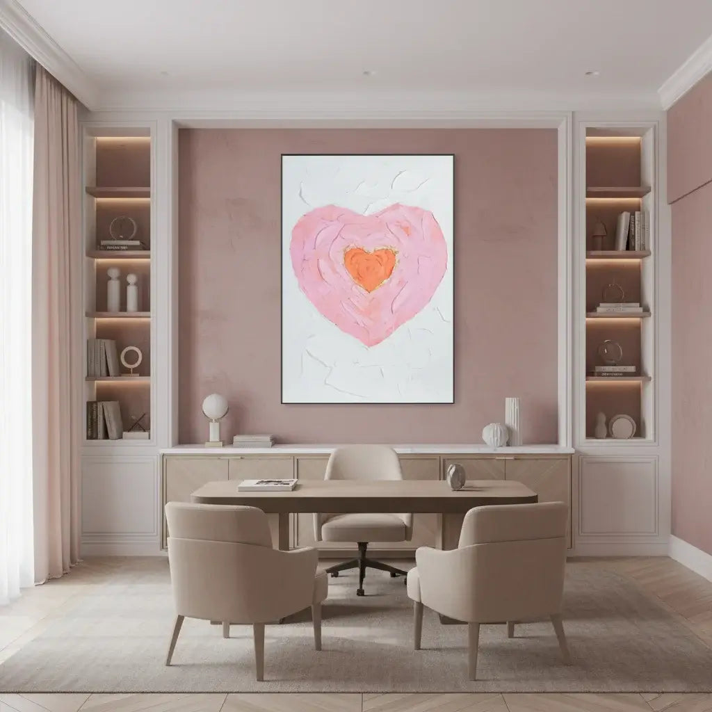 Modern dining room with a heart-shaped artwork on the wall