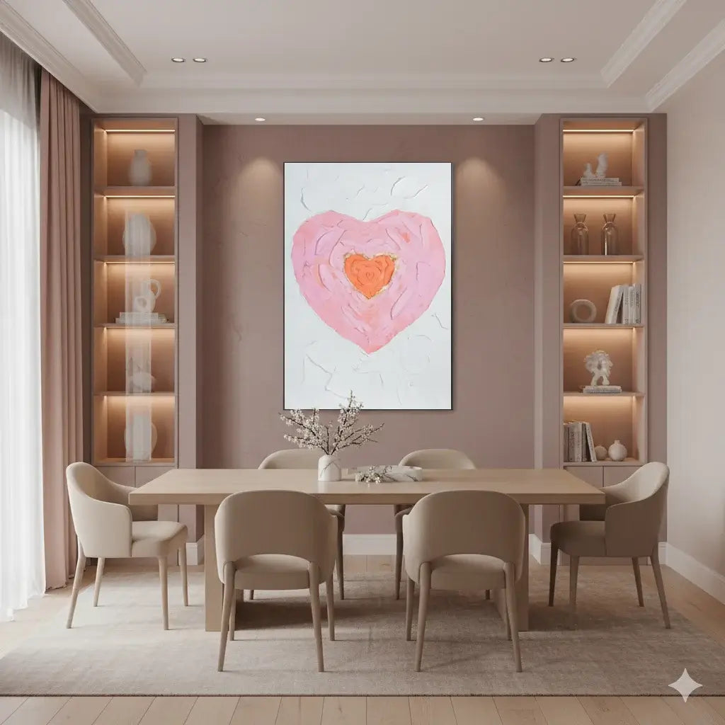 Dining room with a heart-shaped artwork on the wall, beige chairs, and wooden table.