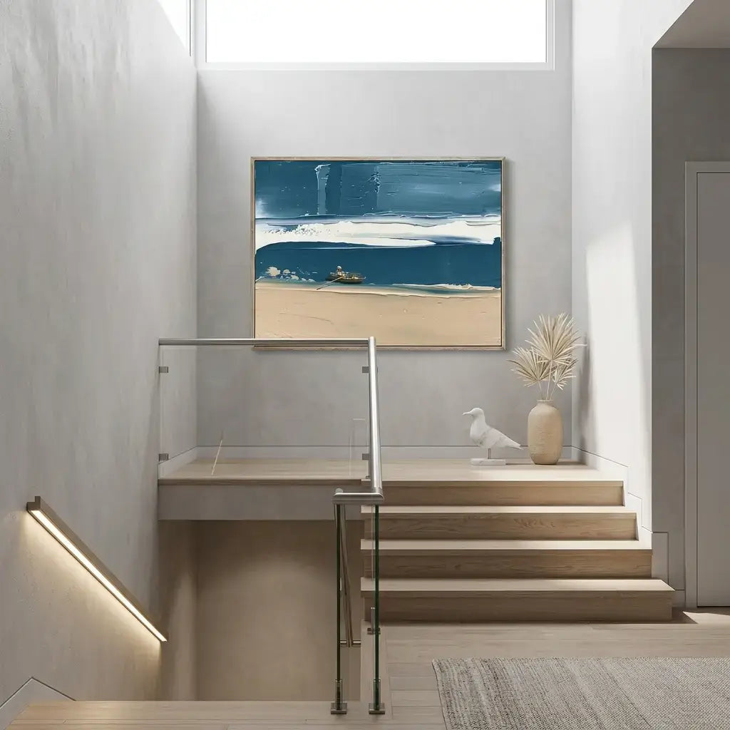 Modern staircase with glass railing and abstract painting on wall
