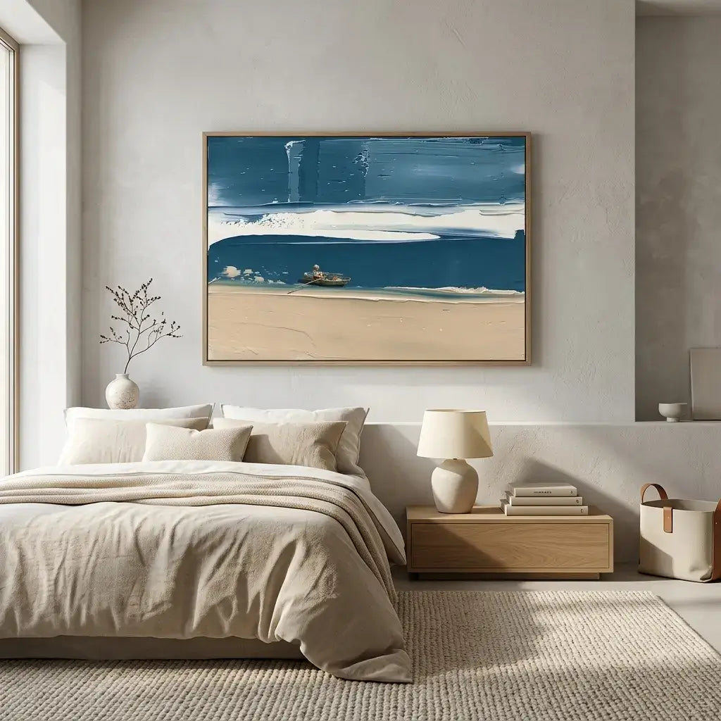 Modern bedroom with a large abstract painting of a beach scene on the wall.