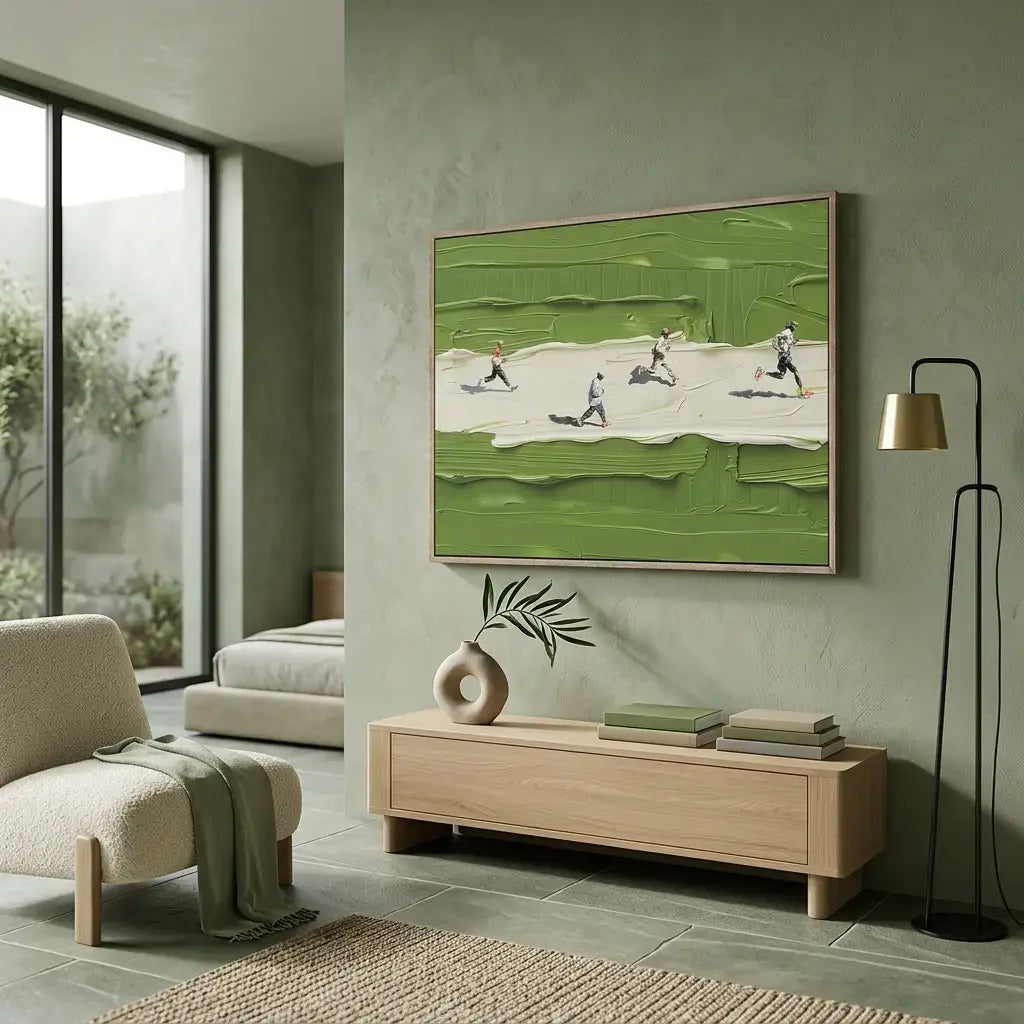 Modern living room with a painting of children playing on a beach, a wooden side table, and a chair.