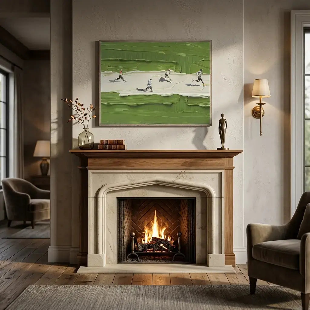 Living room with a fireplace, mantel, and artwork on the wall.