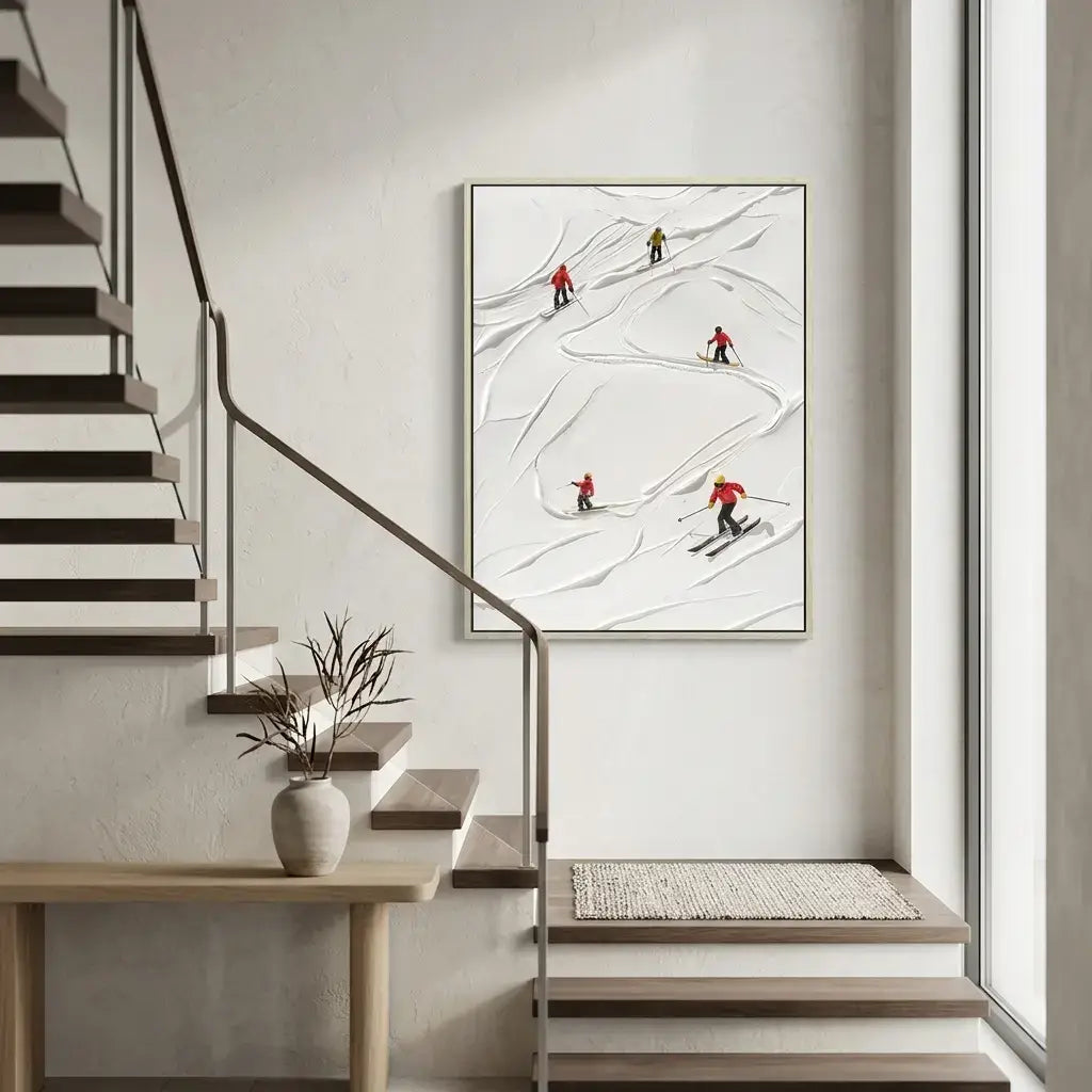 Staircase with a wall art of skiers on a snowy slope