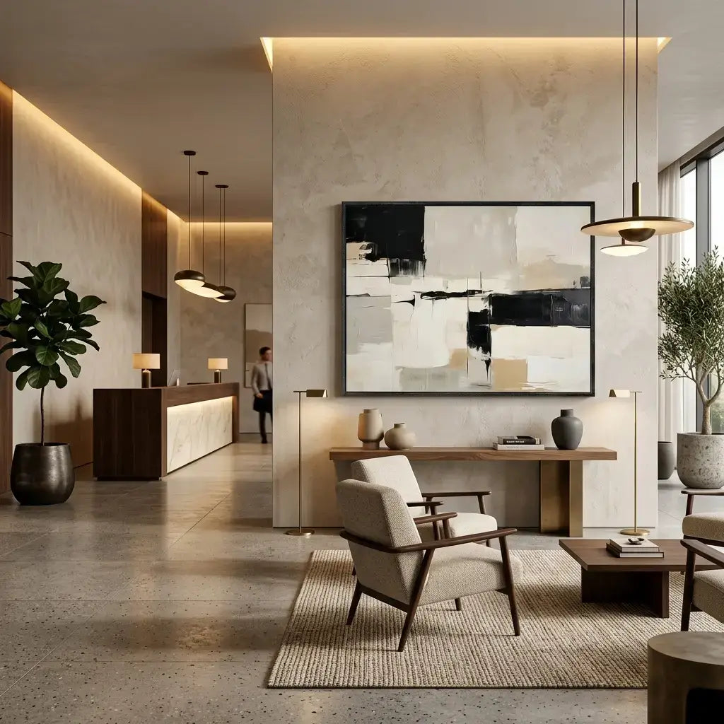 Modern interior design of a reception area with a desk, chairs, and decorative elements.