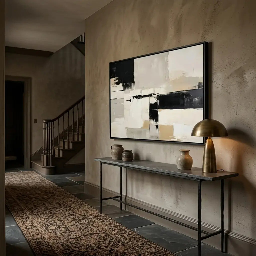 Modern interior with abstract art on the wall, console table, and decorative items.