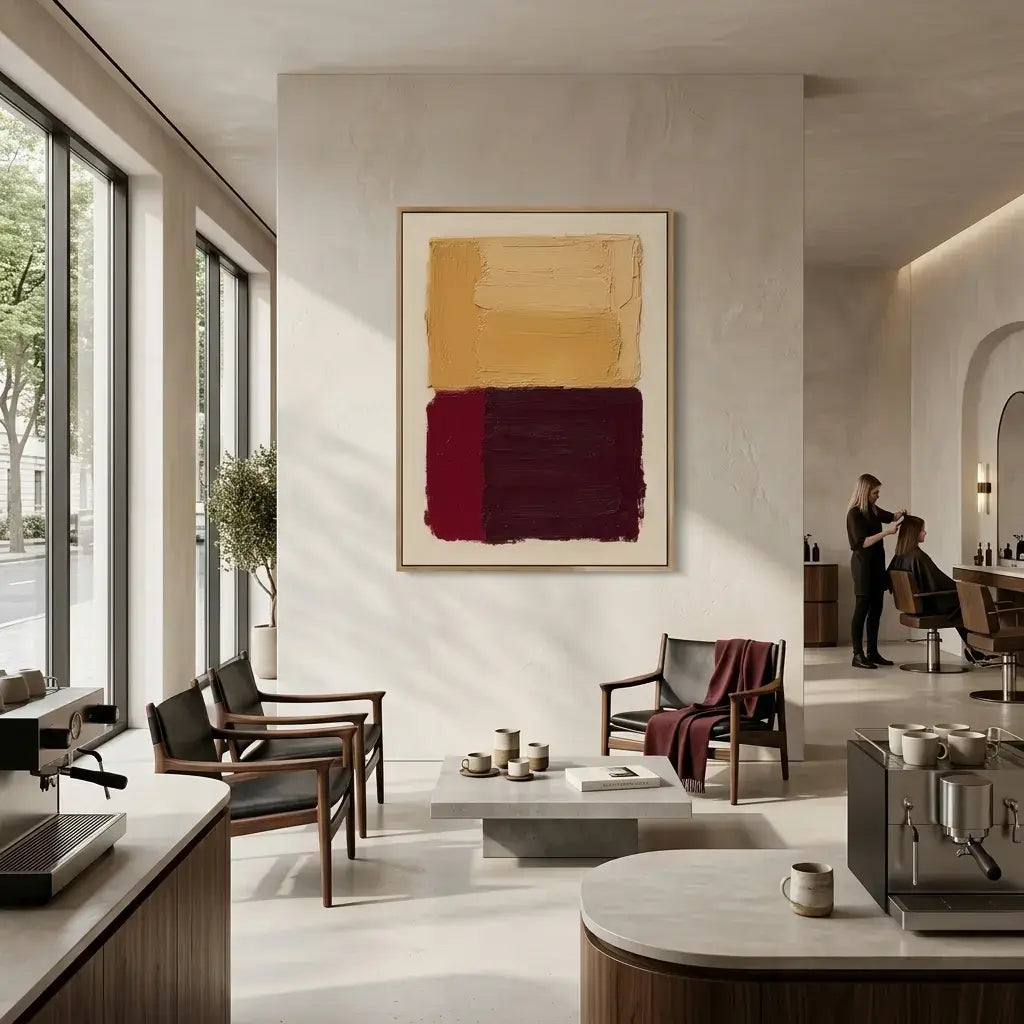 Modern living room with abstract art, furniture, and coffee-making equipment.