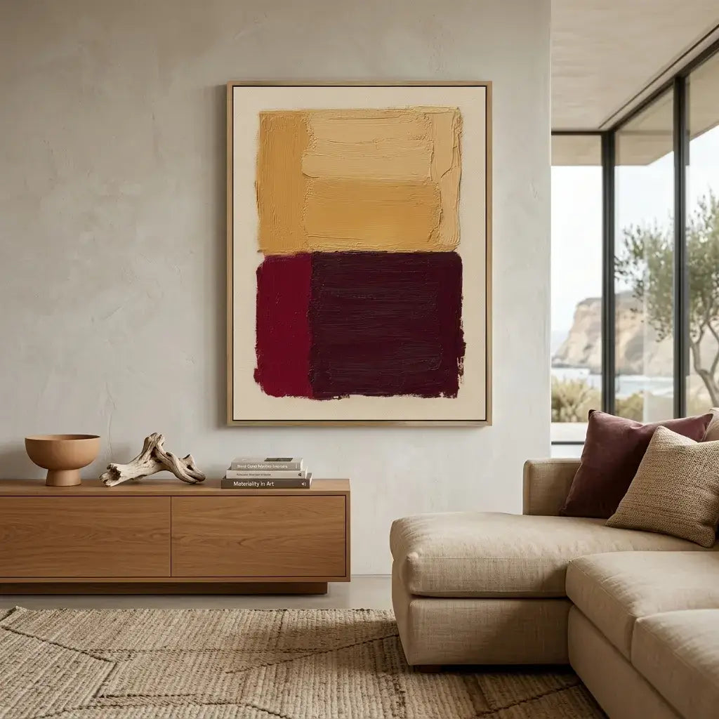 Modern living room with abstract art, wooden cabinet, and beige sofa.