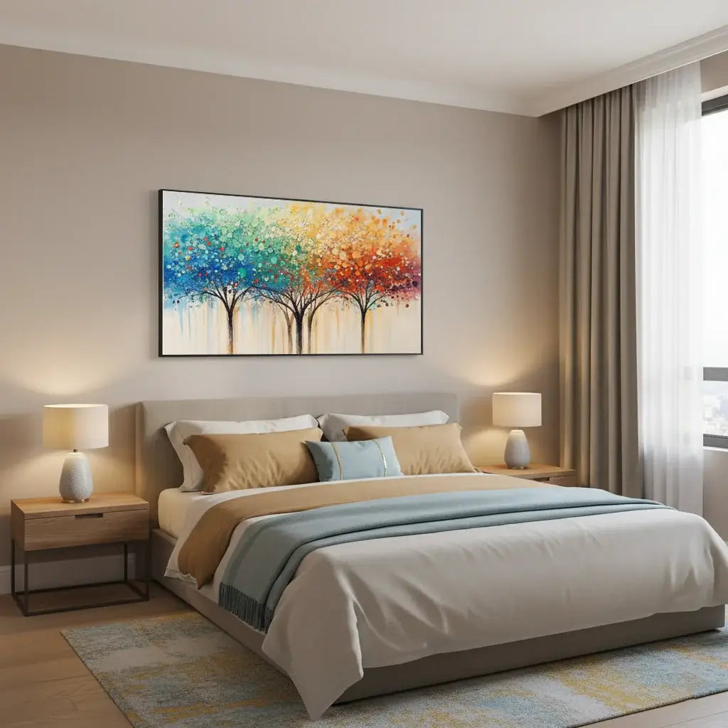 Modern bedroom with a bed, nightstands, and a colorful abstract painting on the wall.