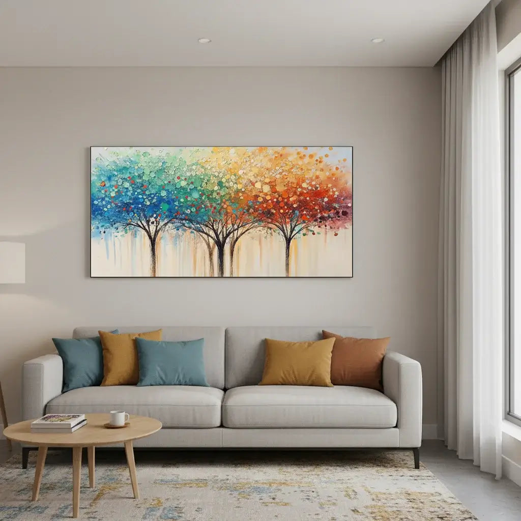 Living room with a colorful abstract painting above a gray sofa.