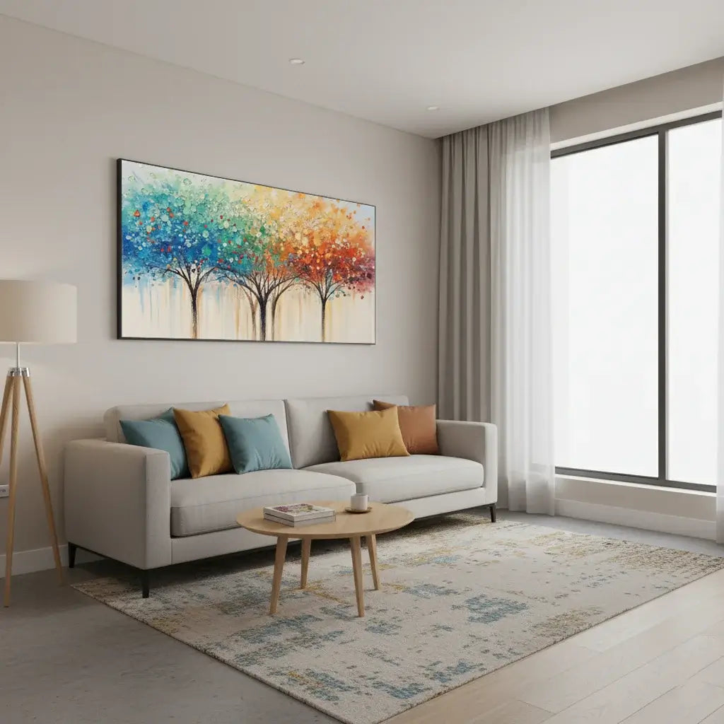 Modern living room with a colorful abstract painting on the wall, a gray sofa with cushions, and a wooden coffee table.