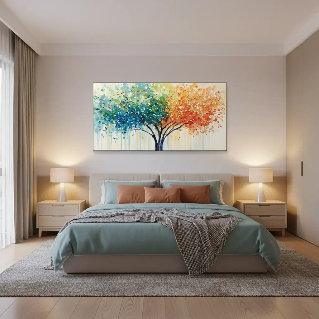 Modern bedroom with a colorful abstract tree painting on the wall.