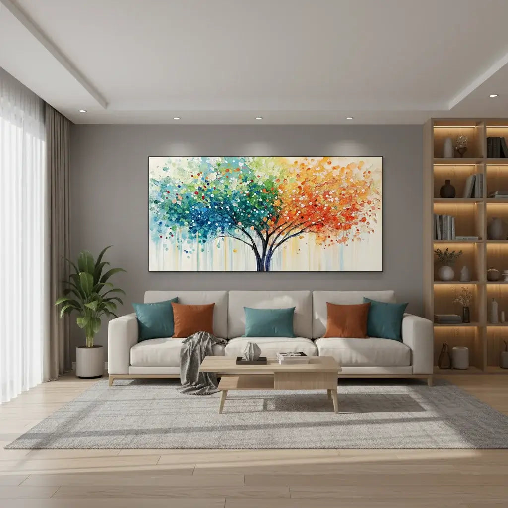 Modern living room with a colorful abstract painting on the wall, a sofa with cushions, and a coffee table.