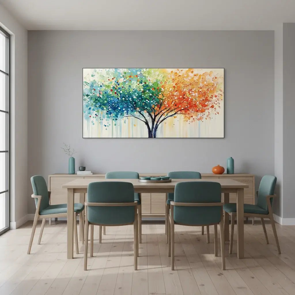 Dining room with a colorful abstract tree painting on the wall
