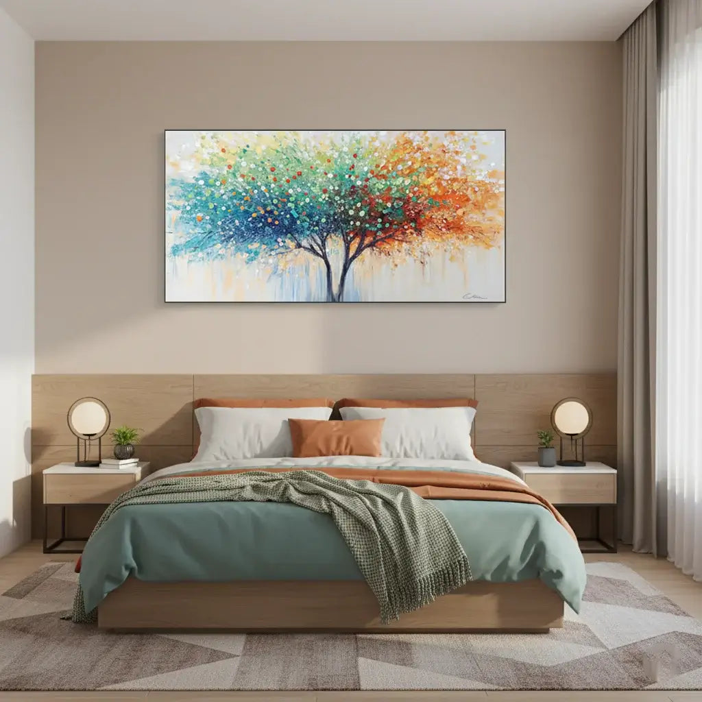 Modern bedroom with a colorful abstract painting above a bed.