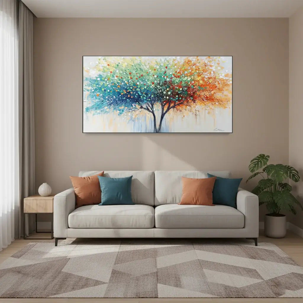 Living room with a colorful abstract painting above a gray sofa.