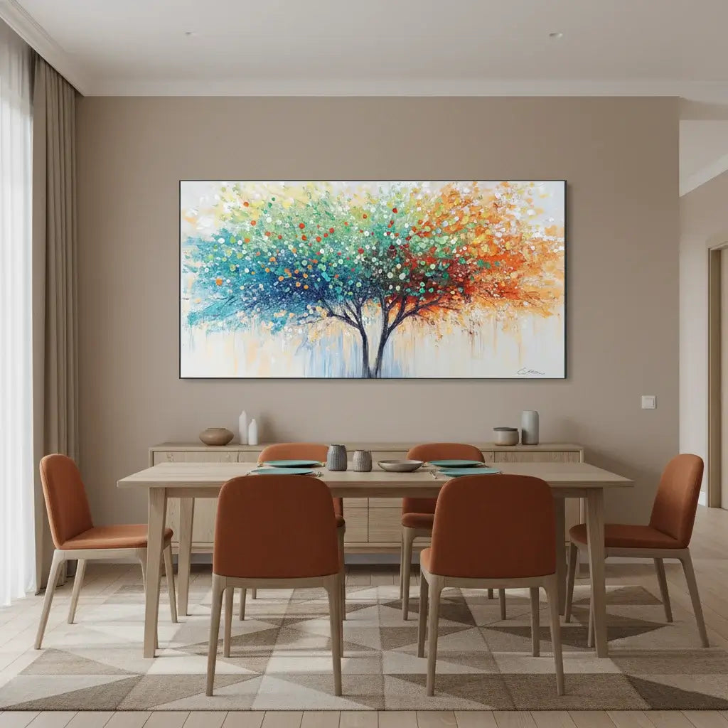 Dining room with a colorful abstract tree painting on the wall.