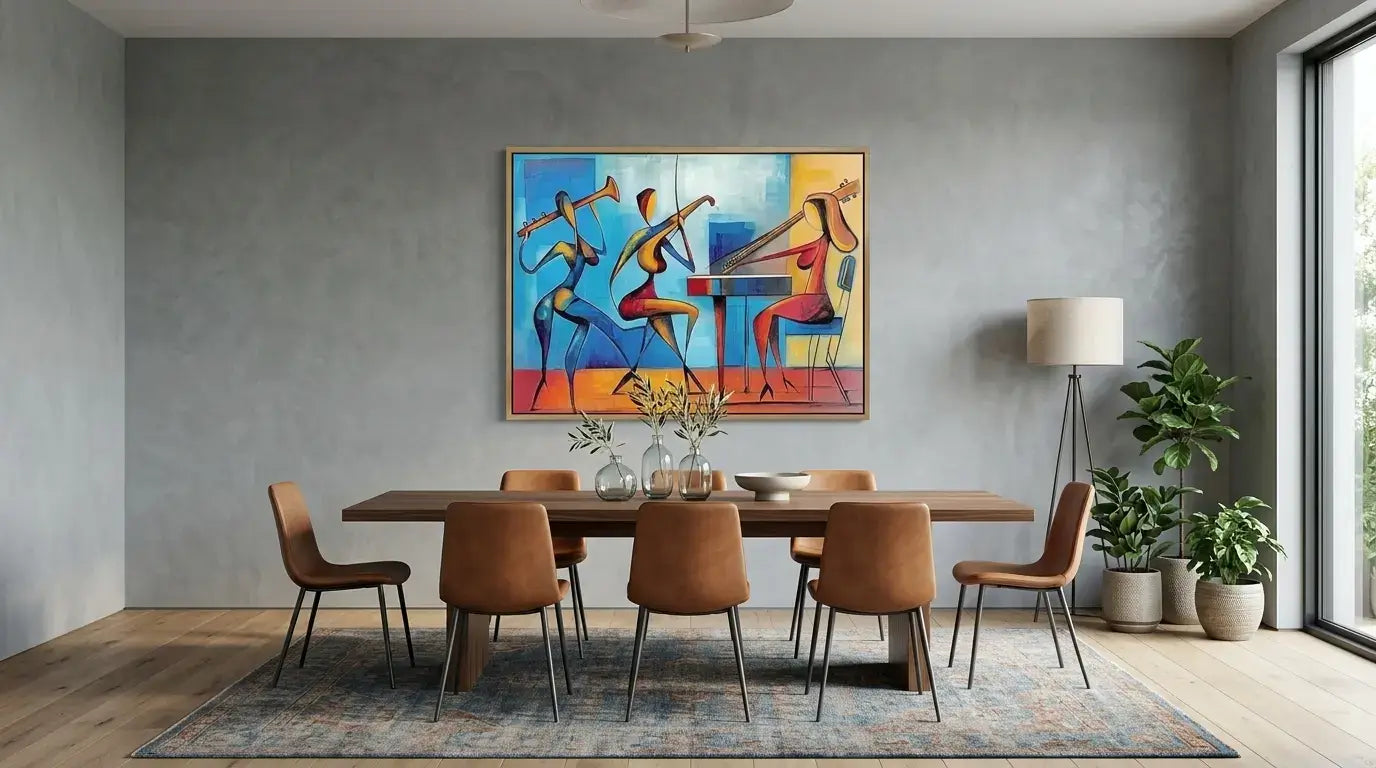 Dining room with a colorful abstract painting on the wall, wooden table, and chairs.