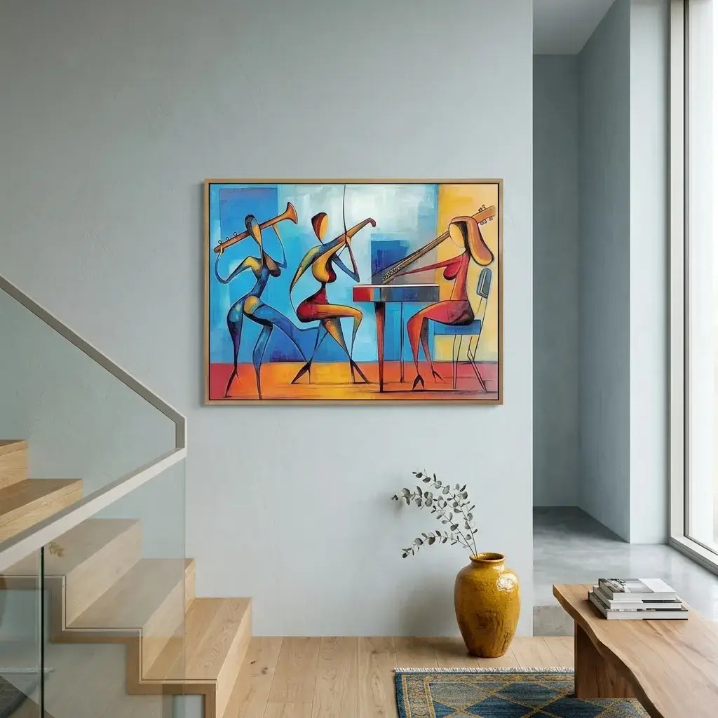 Colorful abstract painting of musicians on a wall in a modern living room.