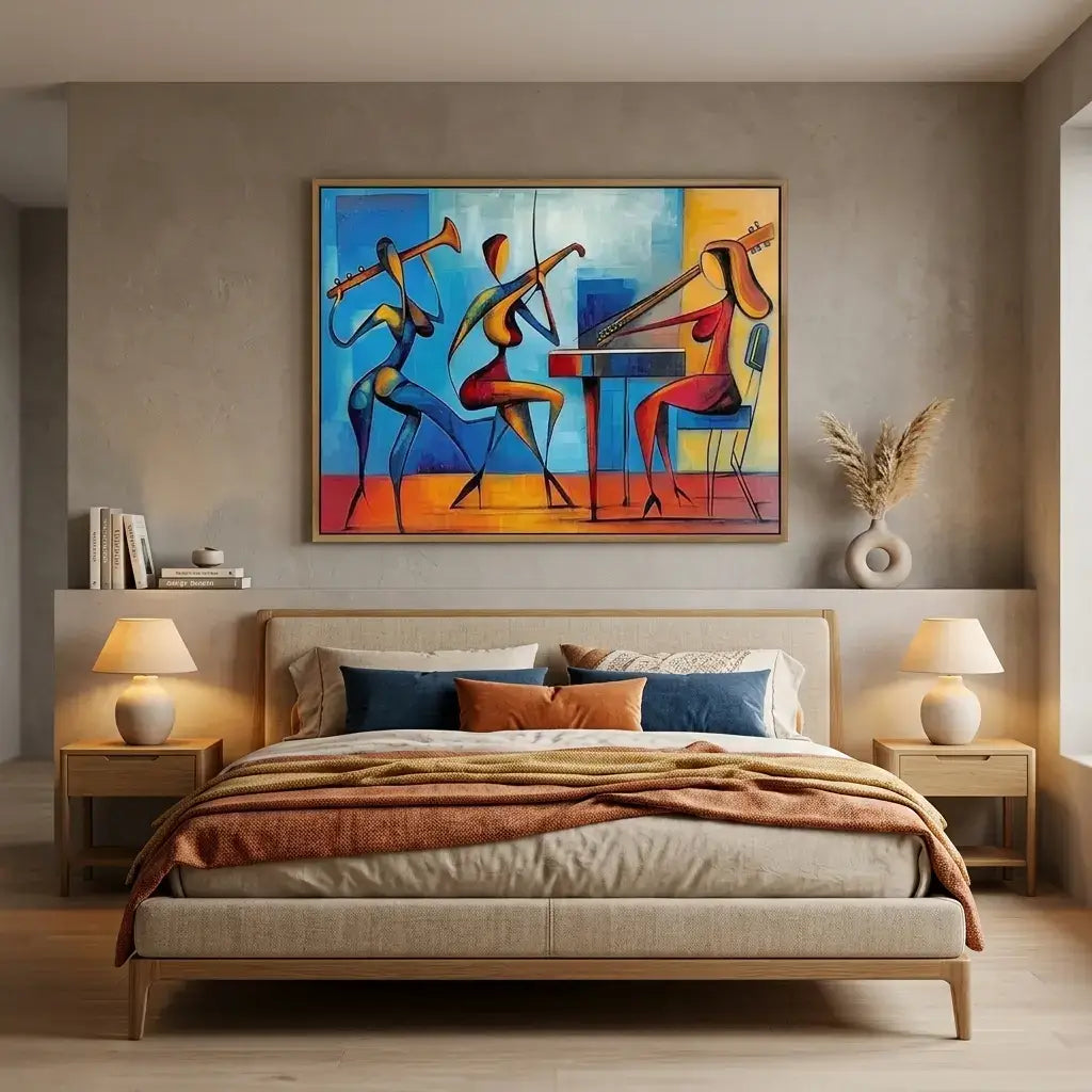 Modern bedroom with a colorful abstract painting above a bed.