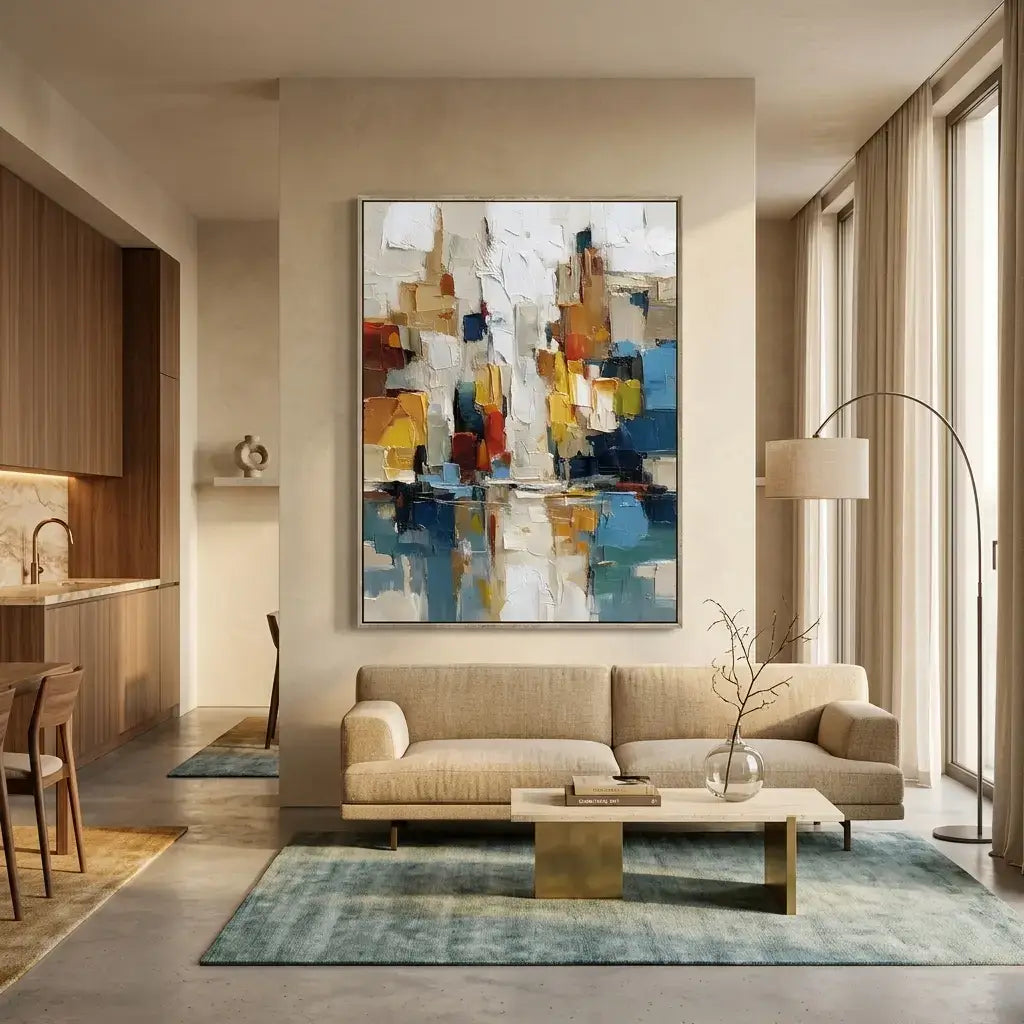 Modern living room with a beige sofa, abstract painting, and decorative elements.