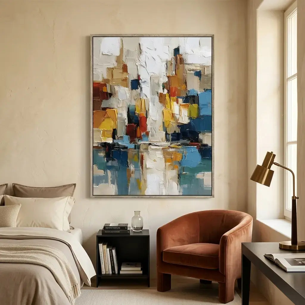 Modern bedroom with abstract art, chair, and desk.
