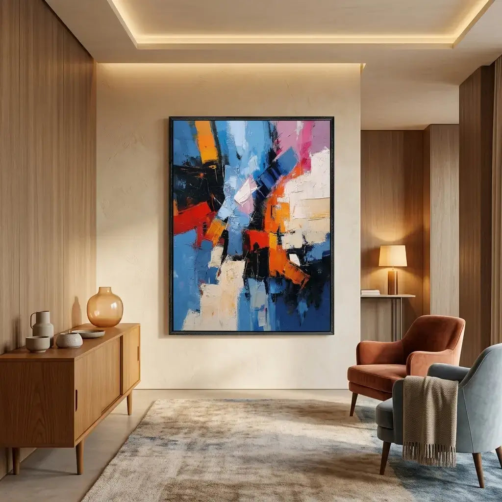 Modern living room with abstract art on the wall, wooden sideboard, and armchairs.