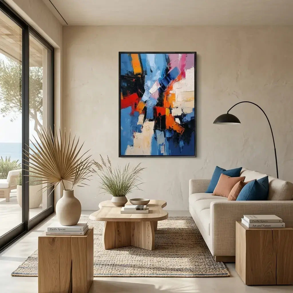 Modern living room with a colorful abstract painting, beige sofa, and wooden coffee table.