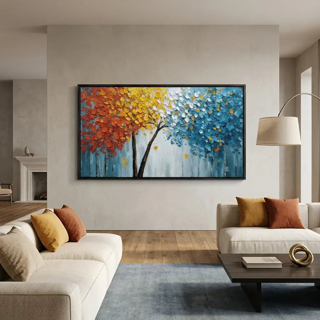 Living room with a colorful abstract painting on the wall