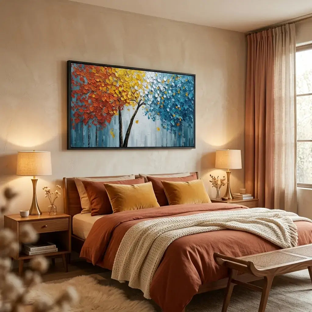 Cozy bedroom with a colorful abstract painting on the wall, bed with brown and beige bedding, and side tables with lamps.