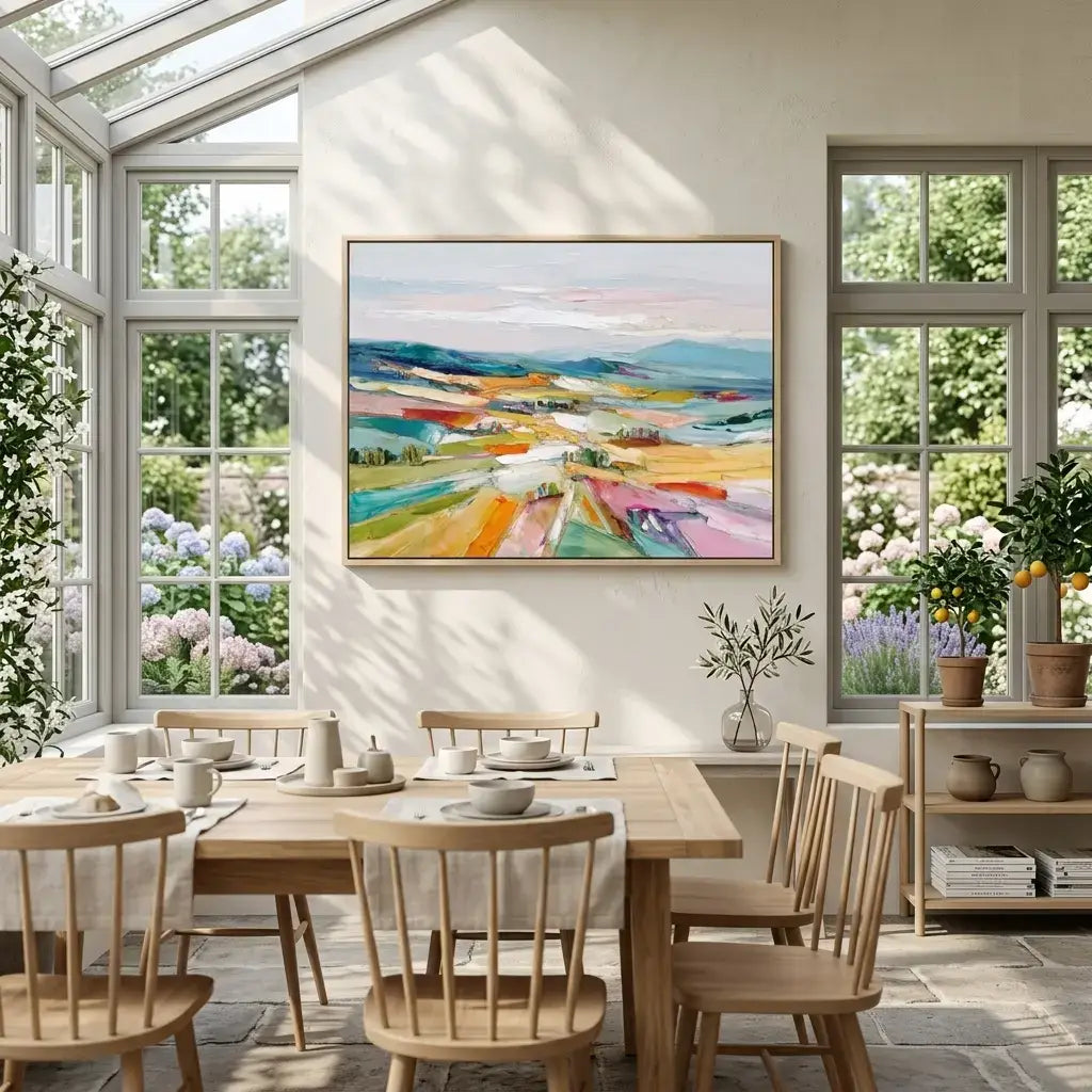 Dining room with wooden table and chairs, colorful abstract painting on the wall, and large windows.