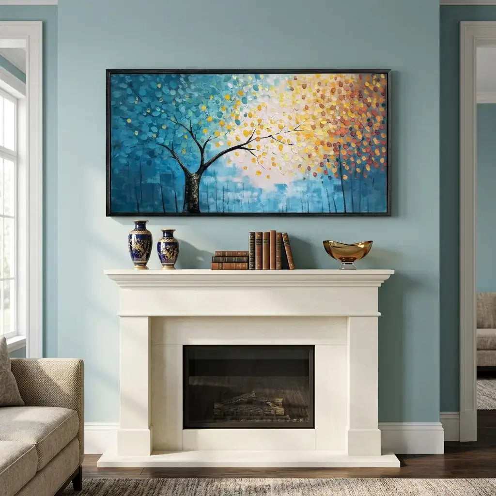 Living room with a fireplace and colorful abstract painting on the wall