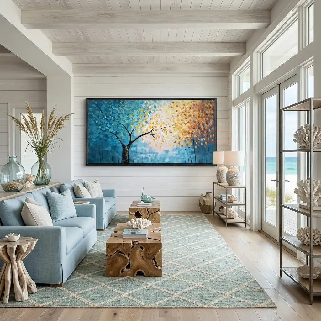 Modern living room with a large abstract painting, blue sofa, and decorative elements.