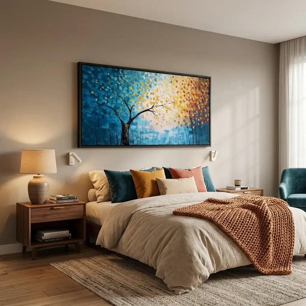 Cozy bedroom with a bed, nightstands, and a colorful abstract painting on the wall.