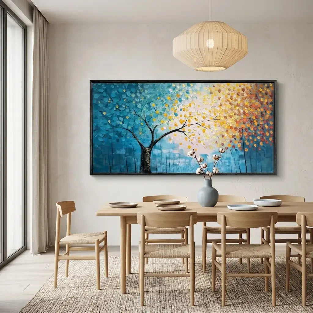 Dining room with a large abstract tree painting on the wall, wooden table, and chairs.