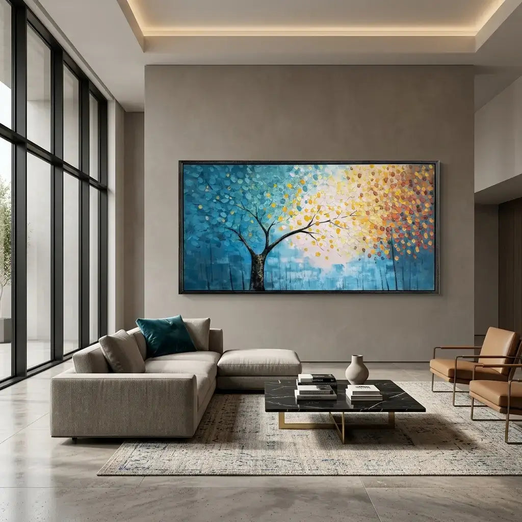 Modern living room with a large abstract painting on the wall