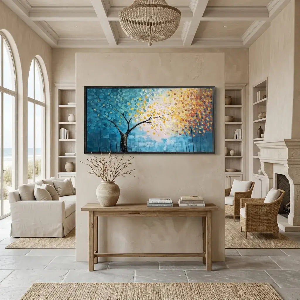 Living room with a colorful abstract painting on the wall, a fireplace, and furniture.