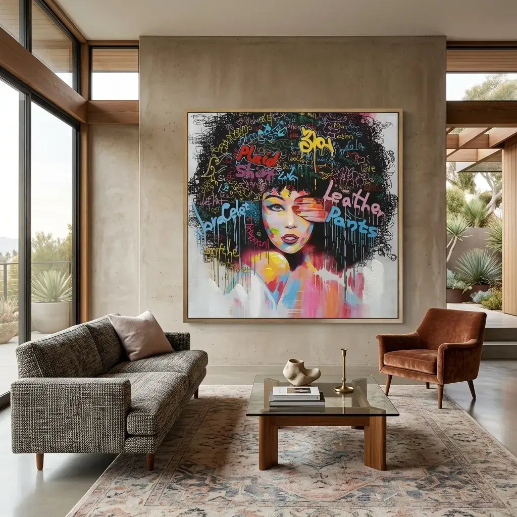 Modern living room with a colorful abstract painting of a woman's face on a wall.