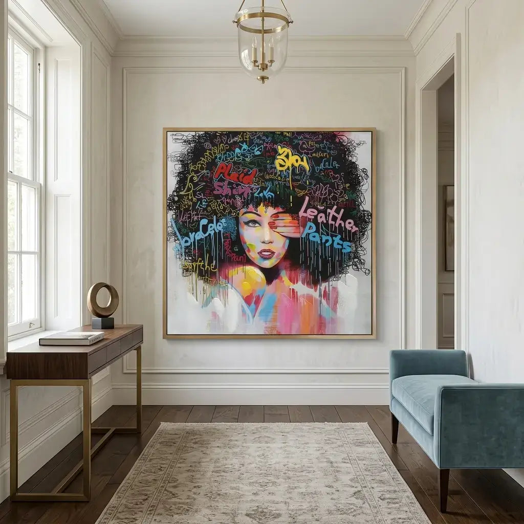 Modern interior with a colorful abstract painting of a woman's face on a wall.