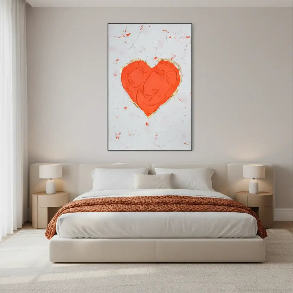 Modern bedroom with a bed, nightstands, and a heart-shaped artwork on the wall.