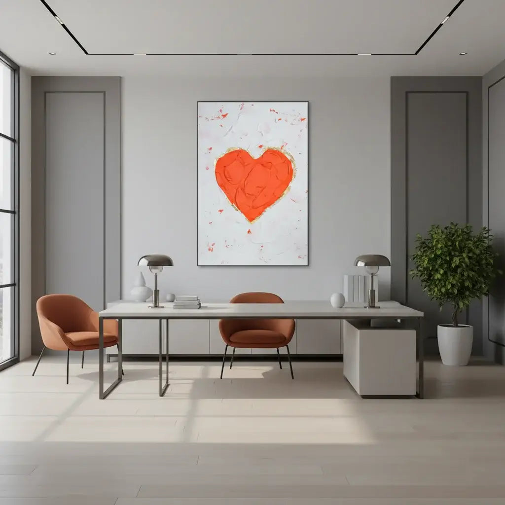 Modern office interior with a heart-shaped artwork on the wall.