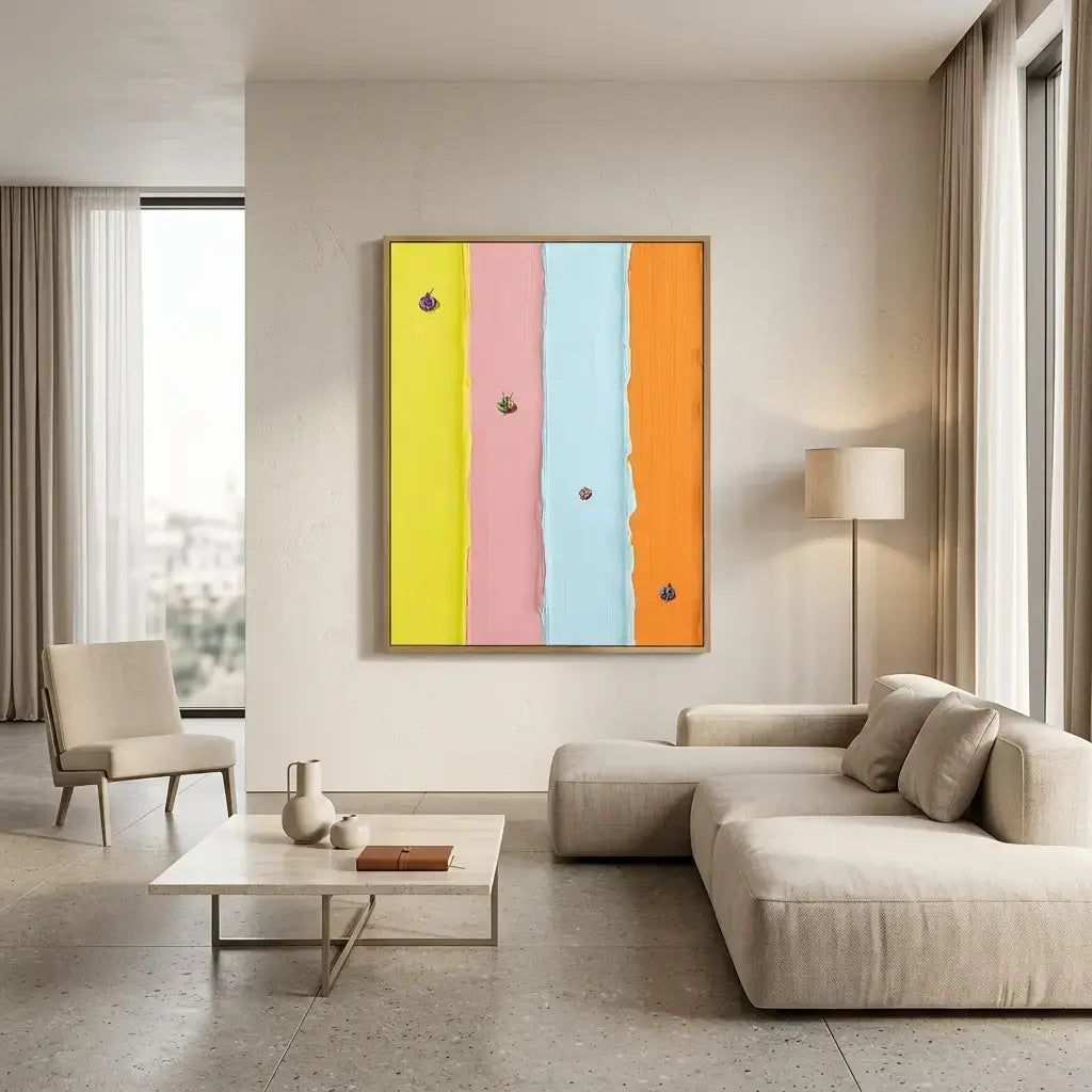 Modern living room with a colorful abstract painting on the wall.