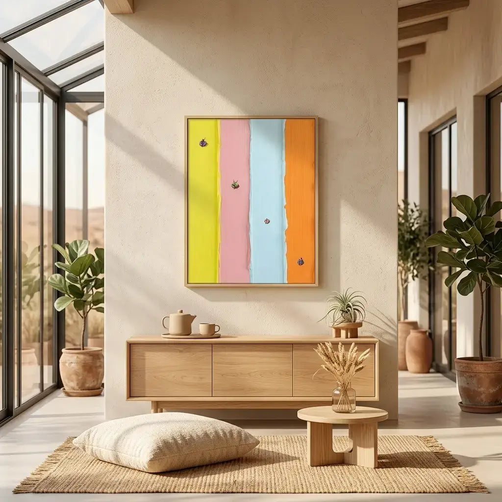 Modern interior with a colorful abstract painting on the wall, wooden sideboard, and decorative items.