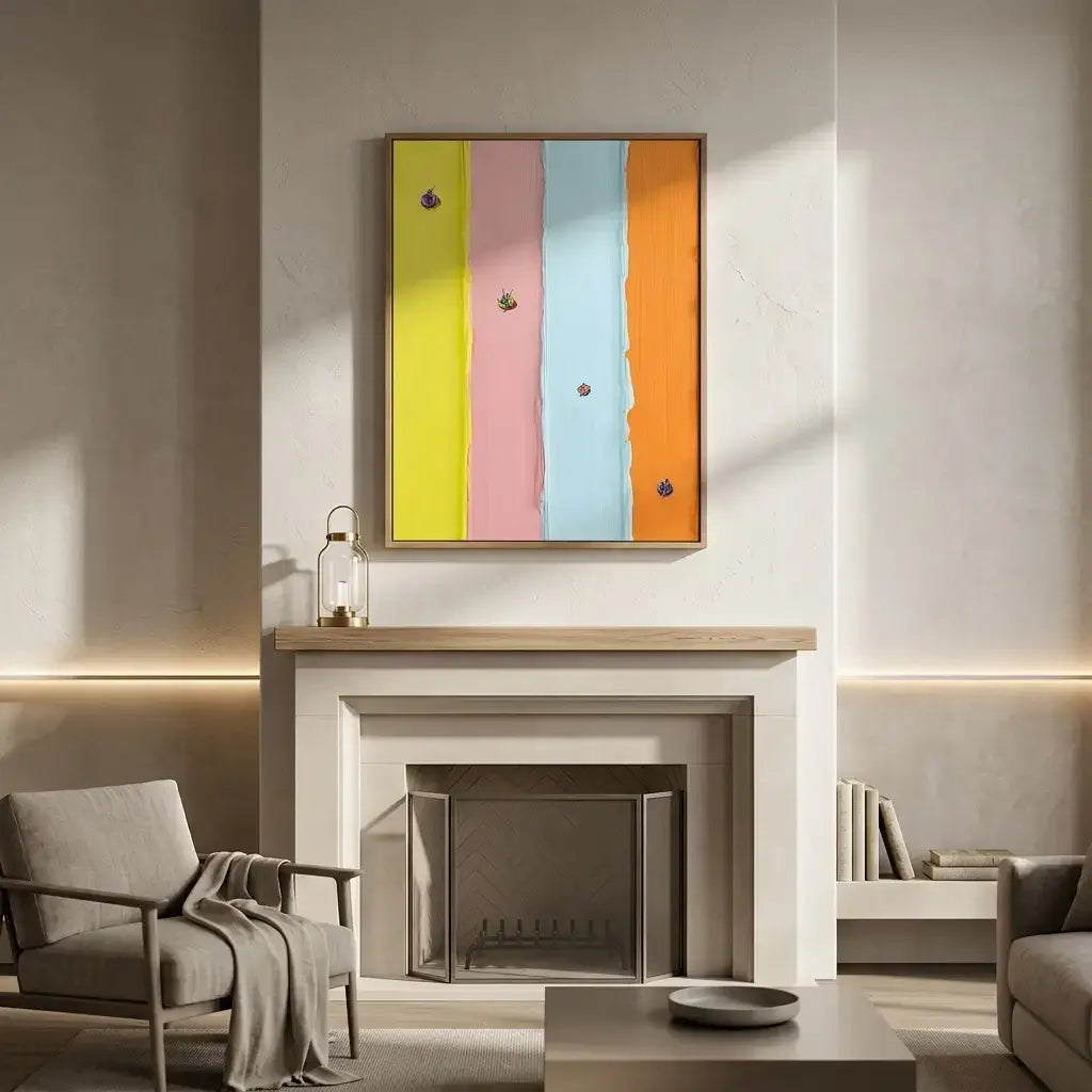 Modern living room with a fireplace and colorful abstract painting on the wall.
