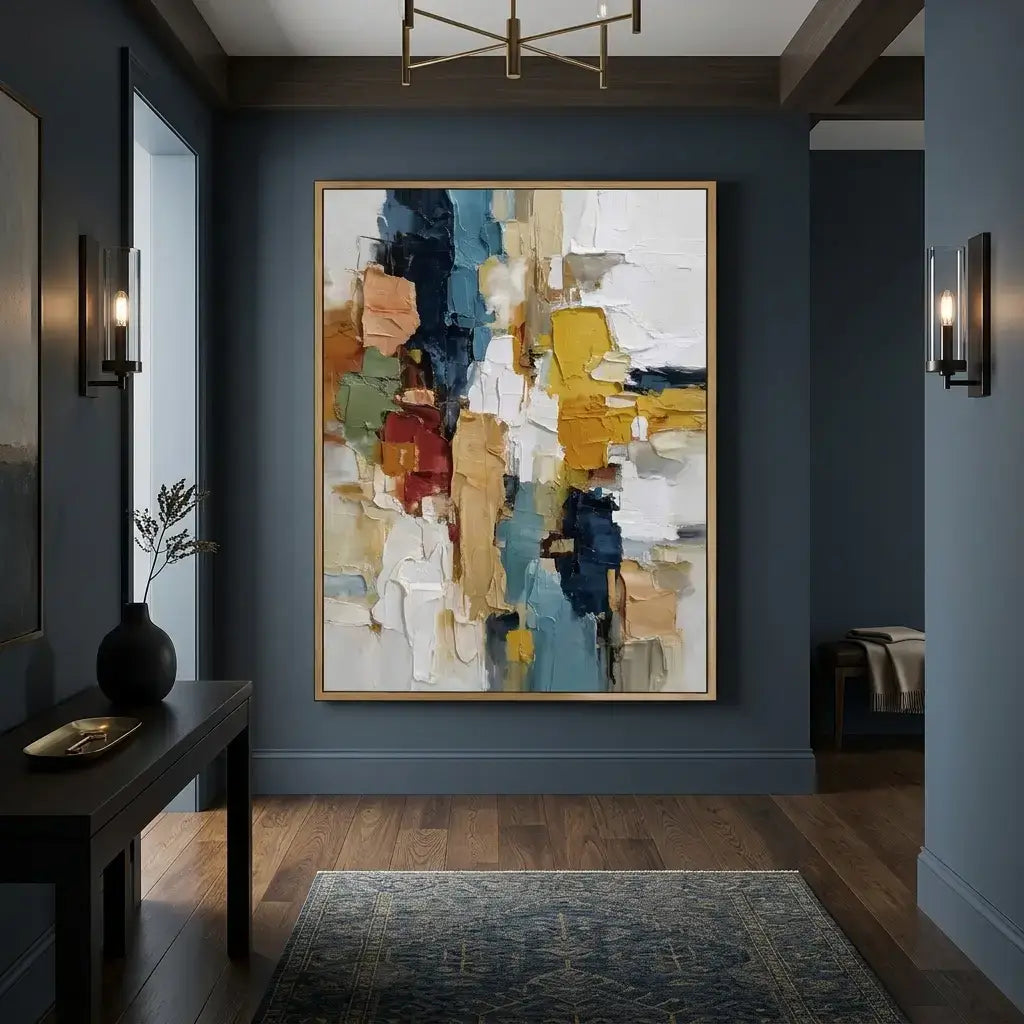 Modern interior with abstract art on a blue wall